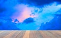 Empty wood desk colorful skyÃÂ  twilight sky after sunset with cloudsÃÂ for background .Blank space for text and images